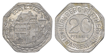 Нюрнберг трамвайный (транспортный) жетон в 20 пфеннигов ND (1920-1921) Дом-музей Men05 19256.8, Men18 24102.8 алюминий aUNC 4638-243