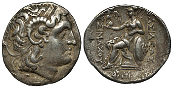 Фракийское царство тетрадрахма 305-281 гг. до н.э. Лисимах, голова Александра Великого с рогами Аммона / Афина сидящая на троне, греческая легенда 'царя Лисимаха', вес 16,78 г серебро 00-000-00