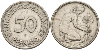 ФРГ 50 пфеннигов 1949 F KM 104, J. 379 медно-никель 4532-339
