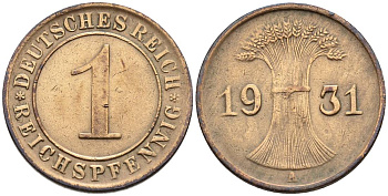 Германия 1 рейхспфенниг 1931 A KM 37, J. 313, Weege 2 бронза 4547-155