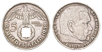 Германия 5 рейхсмарок 1938 J, Гинденбург КМ 94, J.367 серебро 5010-1945