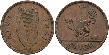 Ирландия 1 пенни 1941 курица с цыплятами KM 11 бронза 4144-1135