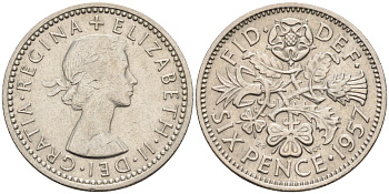 Великобритания 6 пенсов 1957 Елизавета II (1952-2022) KM 903, Spink 4149 медно-никель 4588-1236