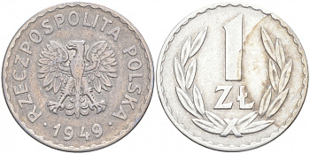 ПОЛЬША 1 ЗЛОТЫЙ 1949 KM 45а алюминий 68-413