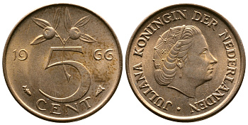 НИДЕРЛАНДЫ 5 ЦЕНТОВ 1966 ЮЛИАНА KM 181 бронза 3334-437