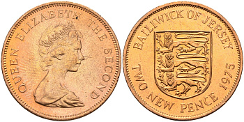 Джерси 2 пенса 1975 герб, Елизавета II (1952-2022) KM 31 бронза UNC 4367-431