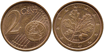 ГЕРМАНИЯ 2 ЕВРОЦЕНТА 2002 J KM 208 сталь плакированная медью 4387-1234