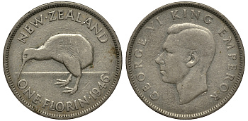 Новая Зеландия 1 флорин 1946 Георг VI (1936-1952), птичка киви KM 10.1 серебро 272-1634