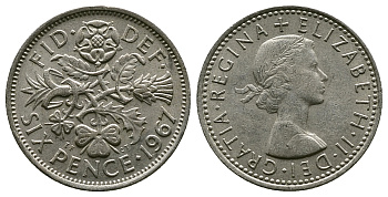 Великобритания 6 пенсов 1967 Елизавета II (1952-2022) KM 903, Spink 4149 медно-никель 4381-856