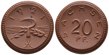 Саксония 20 пфеннигов 1921 колосья и серп J. N 53 фарфор UNC 1094-9-14