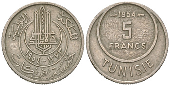 Тунис 5 франков 1954 KM 277 медно-никель 4611-525