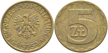 ПОЛЬША 5 ЗЛОТЫХ 1975 ЛЕНИНГРАДСКИЙ МОНДВОР KM 81.1 латунь 3856-731