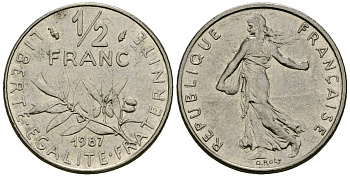 Франция 1/2 франка 1987 сеятель KM 931 никель 4135-734