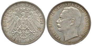Баден 3 марки 1912 Фридрих II (1907-1918) J. 39, KM 280 серебро 413-832
