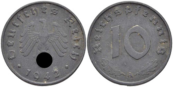 ГЕРМАНИЯ 10 РЕЙХСПФЕННИГОВ 1942 A KM 101, J. 371 цинк 4401-626