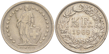 Швейцария 1/2 франка 1969 В KM 23а.1 медно-никель 188-1045