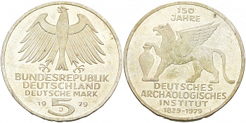 ФРГ 5 марок 1979 J, 150 лет со дня основания археологического института KM 150, J.425 серебро 3855-632