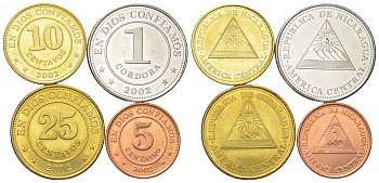 Никарагуа годовой набор из 3 монет (5, 10 и 25 сентаво; 1 кордоба) 2002 KM 97, 98, 99 и 101 UNC 4624-314-317