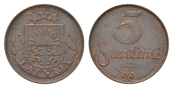Латвия 5 сантимов 1922 KM 3 бронза 4684-149