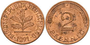 ФРГ 2 пфеннига 1991 J J.381a, KM 106a сталь плакированная медью    4598-931