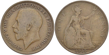 Великобритания 1 пенни 1919 Георг V (1910-1936) KM 810, Spink 4051 бронза 4183-1224