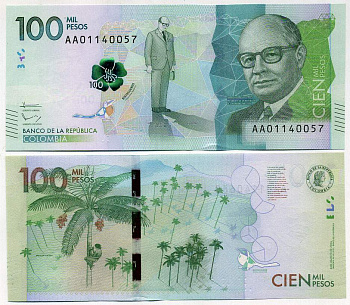 Колумбия 100000 песо 2014 Карлос Льерас Рестрепо, восковые пальмы в долине Кокора Pick 463 бумага UNC (пресс) 451-400-2