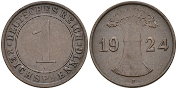 Германия 1 рейхспфенниг 1924 F KM 37, J.313, Weege 2 медь 4585-551