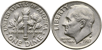 США 10 ЦЕНТОВ = 1 ДАЙМ 1987 P, РУЗВЕЛЬТ KM 195а медь плакированная медно-никелем 46-2427