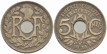 ФРАНЦИЯ 5 САНТИМОВ 1930 ТИП ЛИНДАЙЁ KM 875, LE FRANC 122.13 медно-никель 105-357