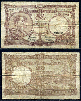 Бельгия 20 франков 1941 21.10.1941, Король Альберт I и его жена Королева Елизавета, Гран-Плас / Гроте Маркт, Брюссель Pick 111 (2) бумага 6301-27-3-1