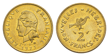 Французские Новые Гебриды 2 франка 1975 заморские территории KM 5.2 никель-латунь  aUNC  4640-849