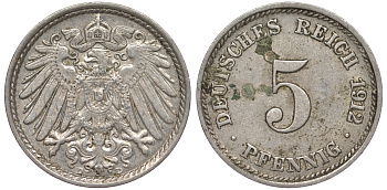 Германия 5 пфеннигов 1912 D, KM 11, J. 12 медно-никель 25-2456