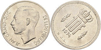 Люксембург 10 франков 1974 поворот на 80 градусов, брак чекана KM 57 никель 02-119-33