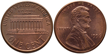 США 1 ЦЕНТ 1996 ЛИНКОЛЬН KM 201b цинк плакированный медью 66-1065