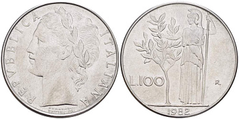 ИТАЛИЯ 100 ЛИР 1982 R, АФИНА, ДИАМЕТР 28 ММ. KM 96.1 нержавеющая сталь 4531-113