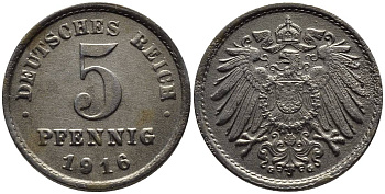 ГЕРМАНИЯ 5 ПФЕННИГОВ 1916 G KM 19, Jager 297, Weege 5 железо 4547-561