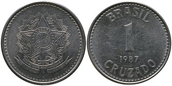 Бразилия 1 крузадо 1987 KM 605, Schon 114 нержавеющая сталь 4577-1155