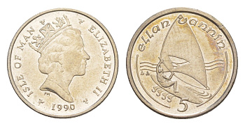 Остров Мэн 5 пенсов 1990 Елизавета II (1952-2022) KM 209.2 медно-никель aUNC 4647-155