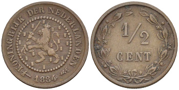 НИДЕРЛАНДЫ 1/2 ЦЕНТА 1884 ВИЛЛИАМ III (1849-1890) KM 109 бронза 4547-1233