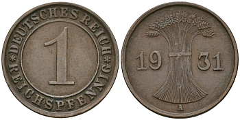 Германия 1 рейхспфенниг 1931 A KM 37, J. 313 бронза 4189-1138