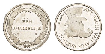 Нидерланды рекламный жетон - 1 Дуббельтье 1997 Уолт Дисней, Скрудж Макдак медно-никель PROOF 4651-428