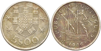 ПОРТУГАЛИЯ 5 ЭСКУДО 1986 ПАРУСНИК KM 591 медно-никель 4523-611