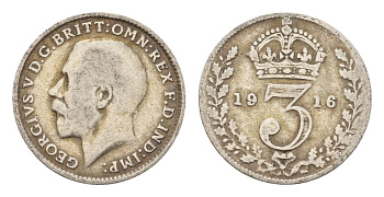Великобритания 3 пенса 1916 Георг V (1910-1936) KM 813, Spink 4015 серебро 4643-1122