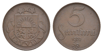 Латвия 5 сантимов 1922 KM 3 бронза 4658-1154