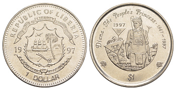 Либерия 1 доллар 1997 Гибель Принцессы Дианы - Ангольское минное поле UC 102 медно-никель BU 4044-1132