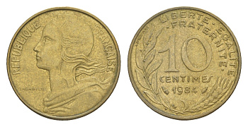 Франция 10 сантимов 1984 KM 929, Le Franc 144.24 алюминиевая бронза 4649-1227