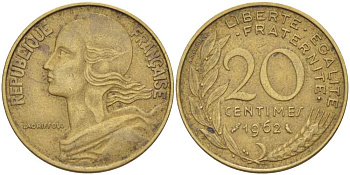 ФРАНЦИЯ 20 САНТИМОВ 1962 KM 930 медь алюминий никель 4390-1132