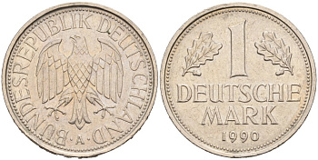 ФРГ 1 МАРКА 1990 A KM 110, J. 385 медно-никель 92-1013
