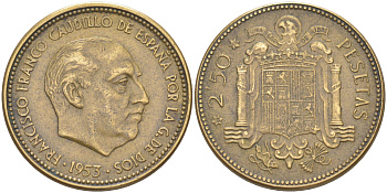 Испания 2,5 песеты 1953 (56) Франциско Франко (1939-1975) KM 785 алюминиевая бронза 4610-622