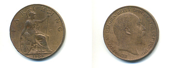 Великобритания 1 фартинг 1909 Эдуард VII (1901-1910), KM 792, Spink 3992 бронза 83-432